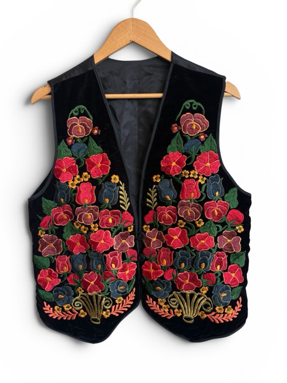 Black Velvet Floral Embroidered Vest Boho Folk Art